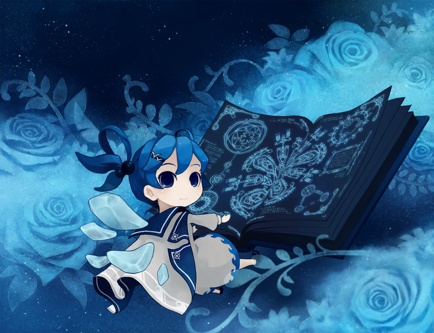 blue blue_dress blue_eyes blue_flower blue_hair blue_rose blue_wings blush book book_focus child dress flower full_body grimoire hair_bobbles hair_ornament hairclip haruno ice ice_wings long_sleeves minigirl no_nose original robe rose smile solo tareme twintails wings