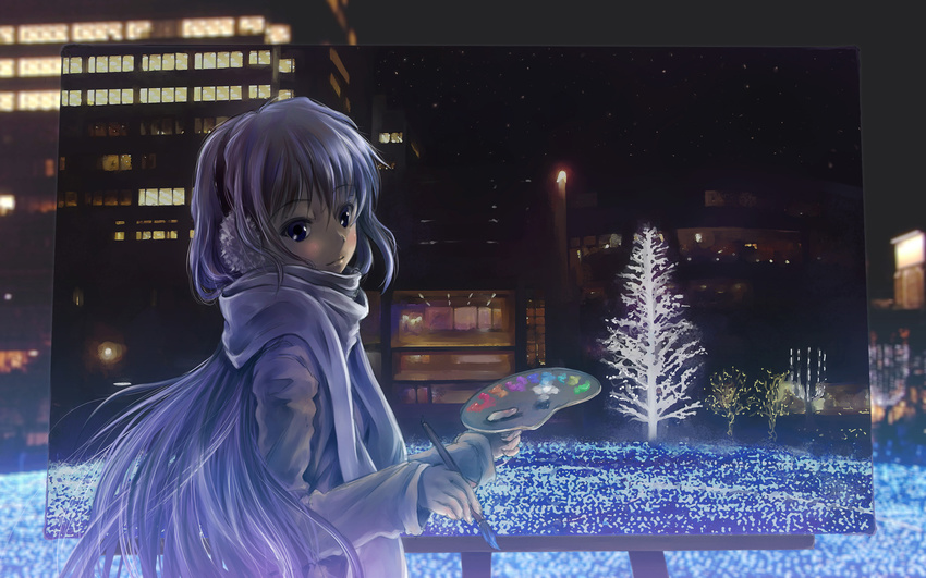 bad_id bad_pixiv_id bare_tree blue_eyes building earmuffs highres light long_hair long_sleeves looking_back night night_sky original outdoors painting palette purple_hair scarf sidelocks sky solo totuka tree upper_body wallpaper