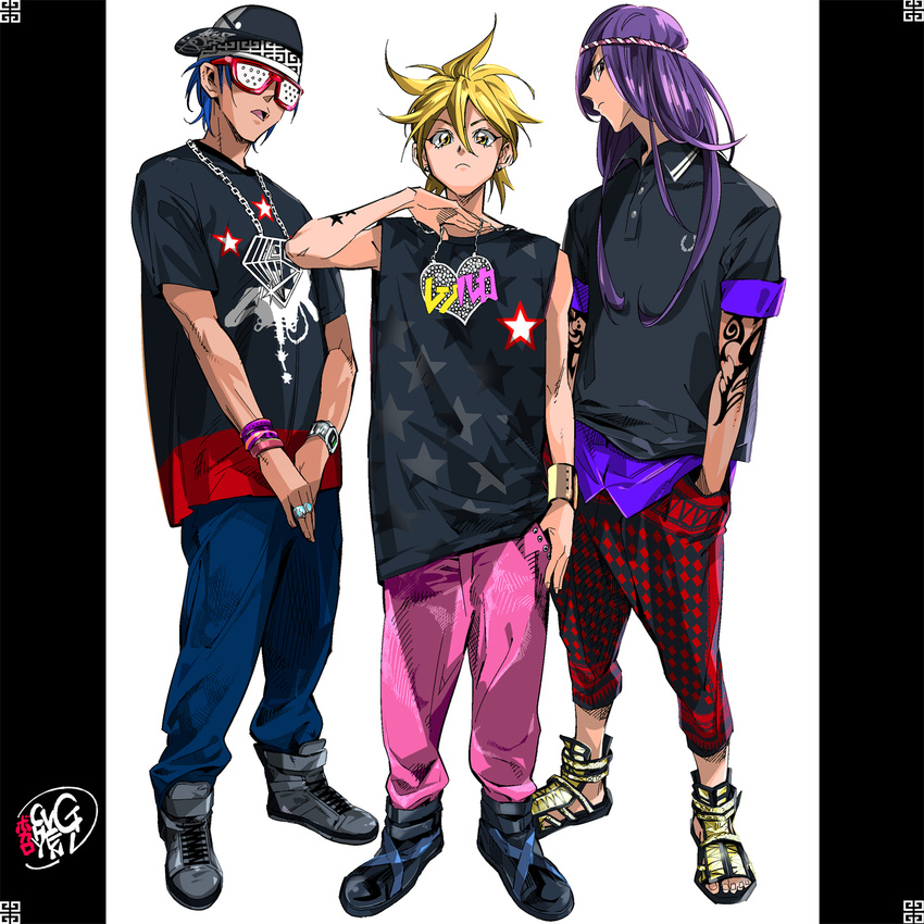 argyle bandana baseball_cap blonde_hair blue_hair bracelet fancy_glasses fashion glasses hands_in_pockets hat highres jewelry kagamine_len kaito kamui_gakupo long_hair male_focus multiple_boys necklace pendant pop_kyun purple_hair ring sandals shoes sneakers star tattoo urban_fashion vocaloid wristband