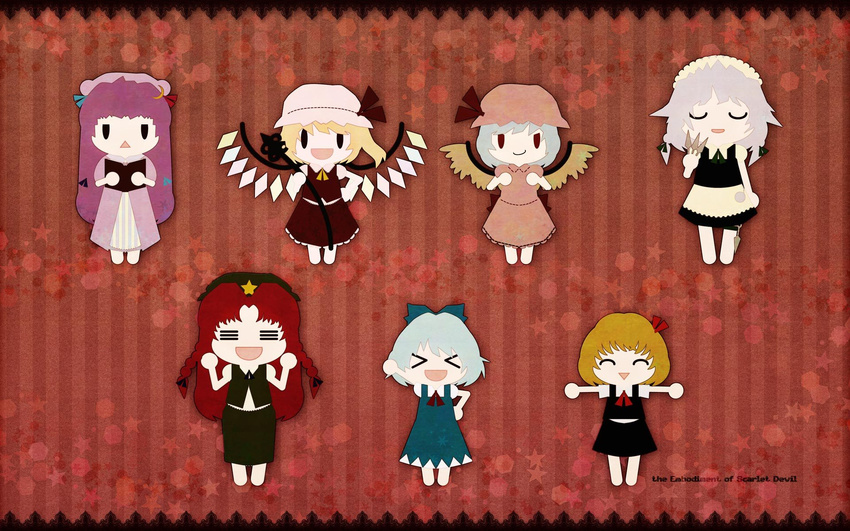 apron blonde_hair book china_dress chinese_clothes cirno cis_(carcharias) crystal demon_wings dress flandre_scarlet full_body hat highres hong_meiling izayoi_sakuya looking_at_viewer maid mob_cap multiple_girls patchouli_knowledge red_dress remilia_scarlet rumia silver_hair standing star the_embodiment_of_scarlet_devil touhou uranoyama waist_apron wallpaper wings