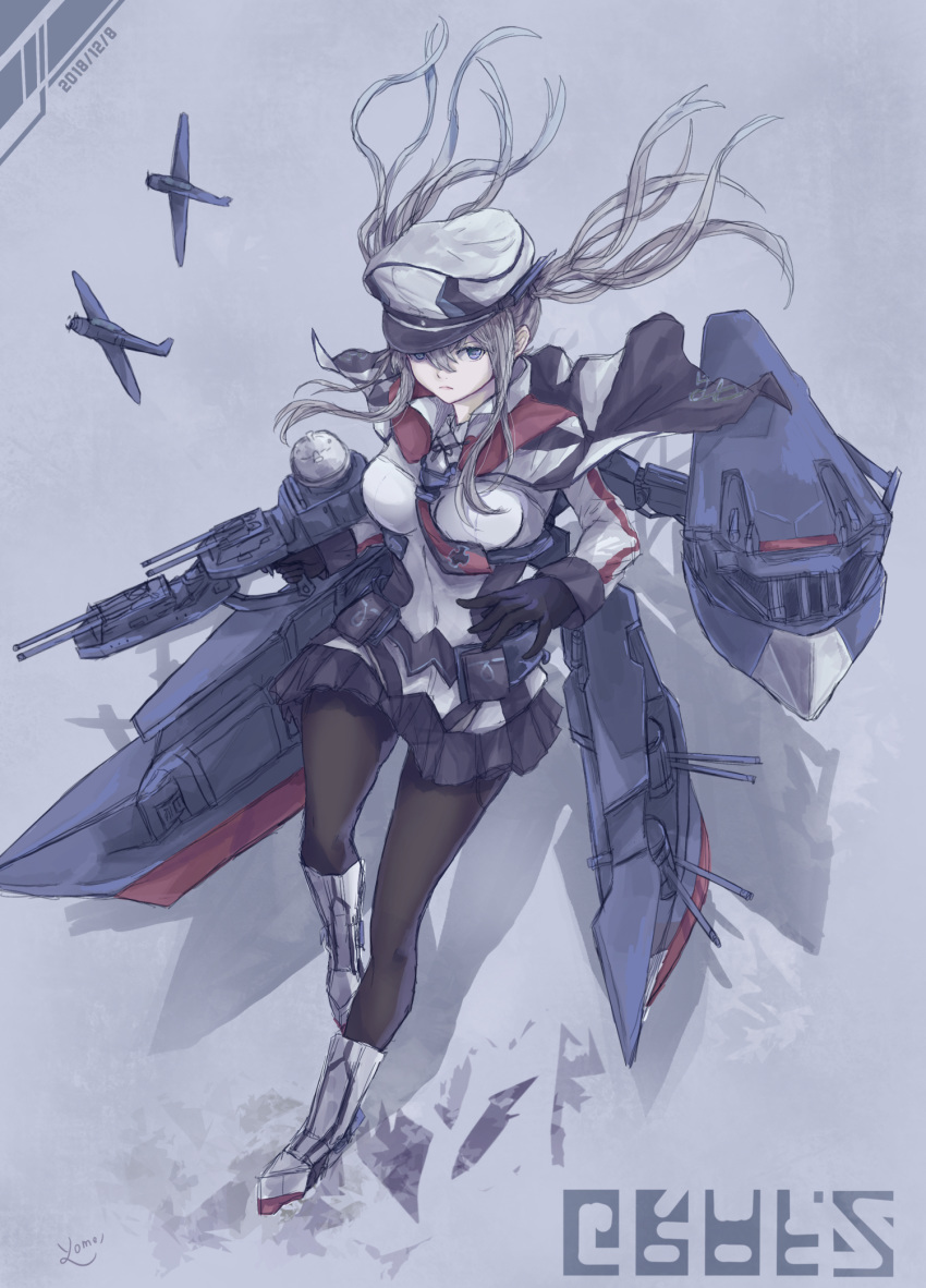 1girl aircraft airplane black_gloves black_legwear black_skirt blonde_hair blue_eyes breasts capelet from_above gloves graf_zeppelin_(kantai_collection) grey_eyes hair_between_eyes hat highres jacket kantai_collection large_breasts long_hair machinery military military_uniform miniskirt necktie pantyhose peaked_cap pleated_skirt red_neckwear sidelocks skirt solo twintails uniform yomi_(yomi14_pyaon)
