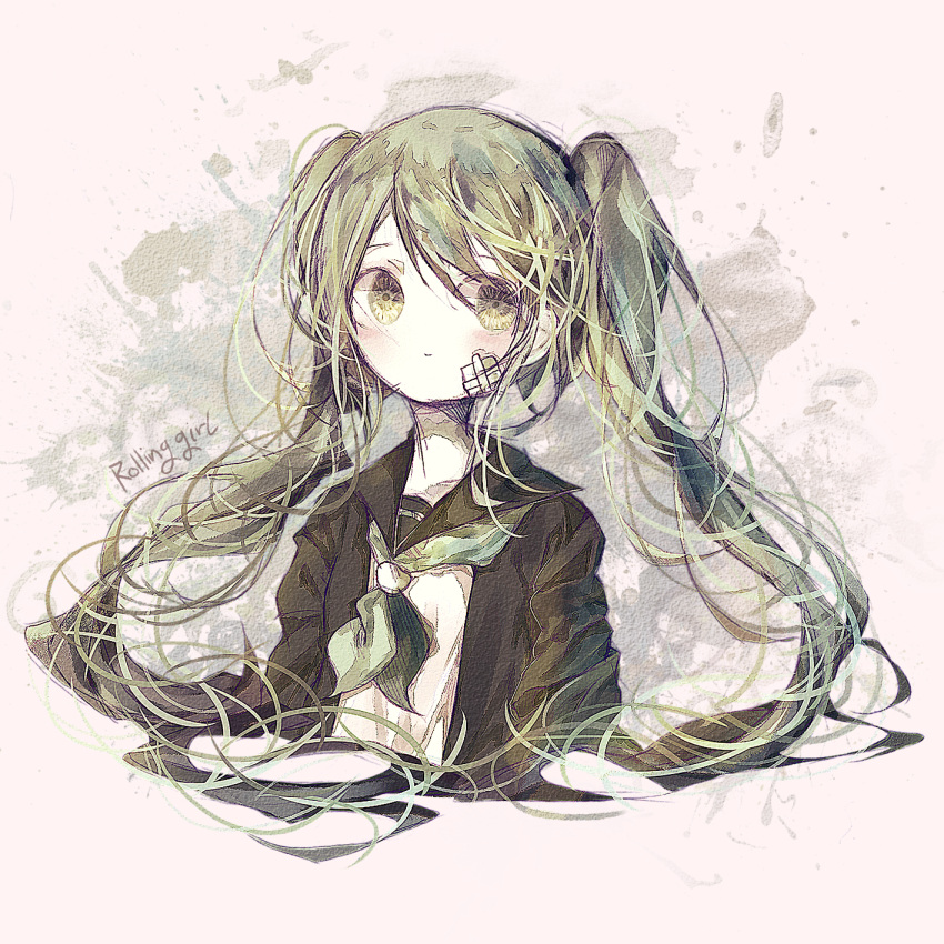 abstract_background bandage_on_face bandages bangs black_jacket commentary eyebrows_visible_through_hair eyes_visible_through_hair green green_eyes green_hair green_ribbon hair_over_eyes hatsune_miku highres jacket long_hair long_neck long_sleeves looking_away project_diva_(series) ribbon rolling_girl_(vocaloid) school_uniform serafuku shirt twintails uniform upper_body user_xkew2474 vocaloid white_shirt