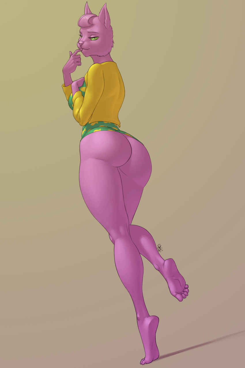 5_fingers 5_toes anthro barefoot big_butt bojack_horseman butt clothing feet feline female fur half_clothed humanoid_feet ldr looking_at_viewer looking_back mammal pink_fur princess_carolyn shirt simple_background soles solo thick_thighs toes