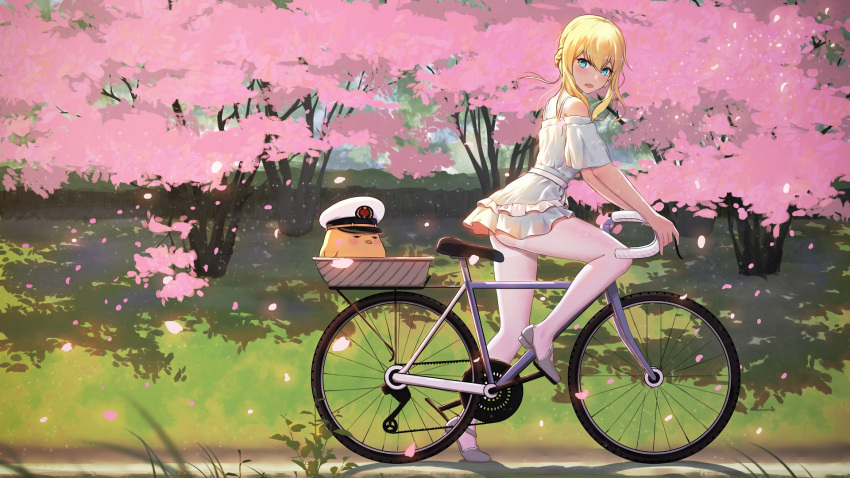 5555_96 alternate_costume aqua_eyes azur_lane bare_shoulders basket bicycle bicycle_basket blonde_hair blue_dress blue_sky blurry blush braid casual cherry_blossoms closed_eyes commander_(azur_lane) commentary_request contemporary day depth_of_field dress flower french_braid from_side full_body grass ground_vehicle hair_between_eyes hat highres leg_support looking_at_viewer looking_back open_mouth outdoors pants pantyhose peaked_cap petals renown_(azur_lane) riding road road_bicycle scenery shiny shiny_clothes short_dress short_sleeves sky thighband_pantyhose tree white_legwear white_pants wind wind_lift