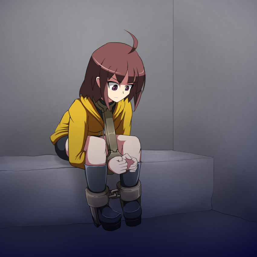 ahoge bangs bdsm bondage boots bound brown_eyes brown_hair commentary cuffs cuffs-to-collar d-mizton drawstring english_commentary full_body hands_under_legs highres hood hood_down indoors knee_boots leaning_forward linne long_sleeves medium_hair pigeon-toed platform_boots prison shackles sitting solo under_night_in-birth