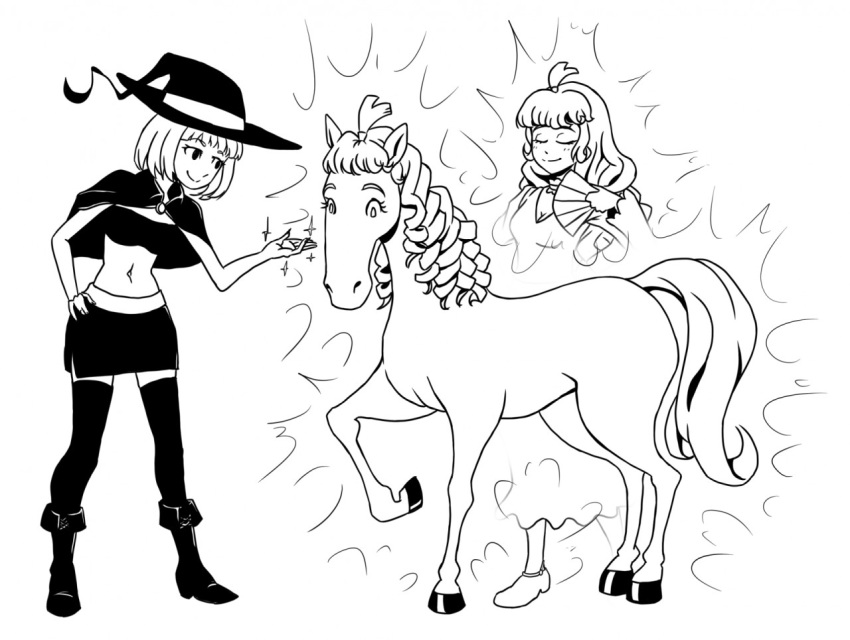 2018 before_and_after breasts clothed clothing duo equine eyes_closed female feral hair hat horse human human_to_feral legwear magic magic_user mammal monochrome navel short_hair simple_background skirt smile standing stockings surprise transformation witch xbc9