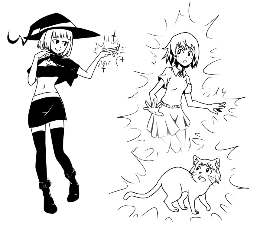 2018 before_and_after breasts cat clothing duo feline female feral hair human human_to_feral legwear magic magic_user mammal monochrome navel open_mouth short_hair shrinking simple_background skirt smile standing stockings surprise transformation white_background witch xbc9