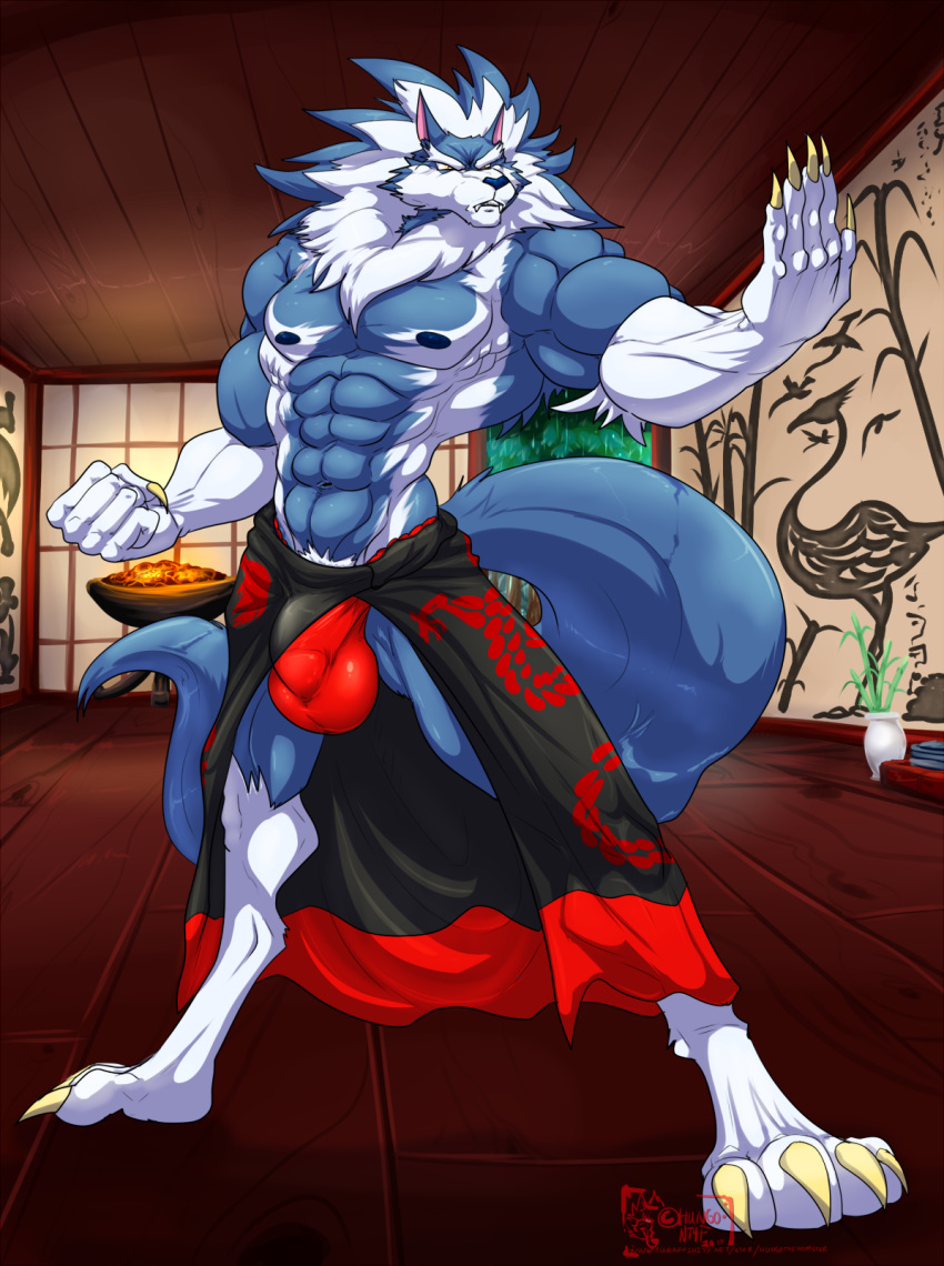 2018 4_toes 5_fingers abs anthro biceps blue_hair blue_nose blue_skin bulge canine claws clothed clothing darkstalkers digitigrade dojo eyebrows fighting_stance fist gloves_(marking) hair hungothenomster jon_talbain male mammal mane markings multicolored_hair multicolored_skin muscular muscular_male nipples pecs penis_outline penis_shaped_bulge socks_(marking) solo standing tight_underwear toes topless two_tone_hair two_tone_skin underwear video_games were werewolf white_hair white_skin yellow_eyes