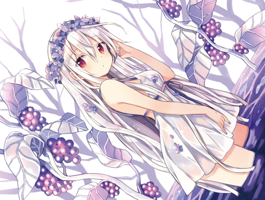 absurdres bare_shoulders chiya_(urara_meirochou) commentary_request dress dutch_angle food from_side fruit grapes harikamo head_wreath highres long_hair looking_at_viewer nail_polish official_art plant purple_nails red_eyes short_dress silver_hair sleeveless solo tree urara_meirochou very_long_hair wading water wet wet_clothes wet_dress wet_hair