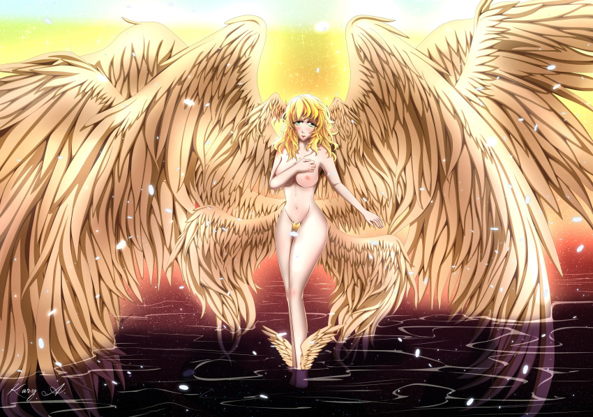 1girl 1other absurdres androgynous angel angel_wings areolae asuka_ryou blonde_hair blue_eyes breasts collarbone commentary convenient_censoring devilman devilman_crybaby eyebrows feathered_wings feathers head_wings hermaphrodite highres kary_xlove_inuyasha long_hair medium_breasts multiple_wings nipples nude pubic_hair satan_(devilman) solo spanish_commentary translation_request white_wings wings