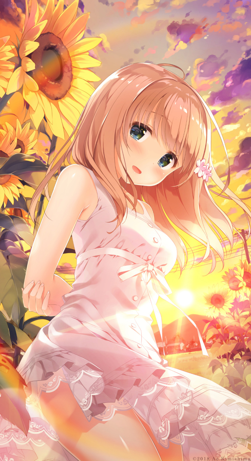 2018 :d ahoge arms_behind_back artist_name bangs bare_arms bare_shoulders blush bow breasts brown_hair building cloud cloudy_sky dress eyebrows_visible_through_hair fanbox_reward fingernails floating_hair flower green_eyes hair_between_eyes hair_flower hair_ornament highres kimishima_ao long_hair looking_at_viewer momoi_saki open_mouth original outdoors paid_reward pink_flower see-through sky sleeveless sleeveless_dress small_breasts smile solo sundress sunset very_long_hair white_bow white_dress wind wind_lift yellow_flower