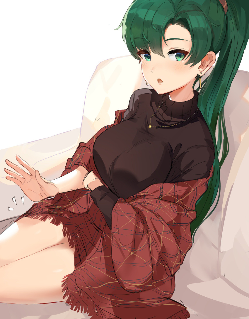 absurdres bangs blush breasts commentary couch earrings english_commentary eyebrows_visible_through_hair fire_emblem fire_emblem:_rekka_no_ken green_hair highres jewelry lap_pillow_invitation long_hair long_sleeves looking_at_viewer lyndis_(fire_emblem) medium_breasts necklace open_mouth ormille ponytail shiny shiny_skin simple_background sitting skirt solo sweater turtleneck