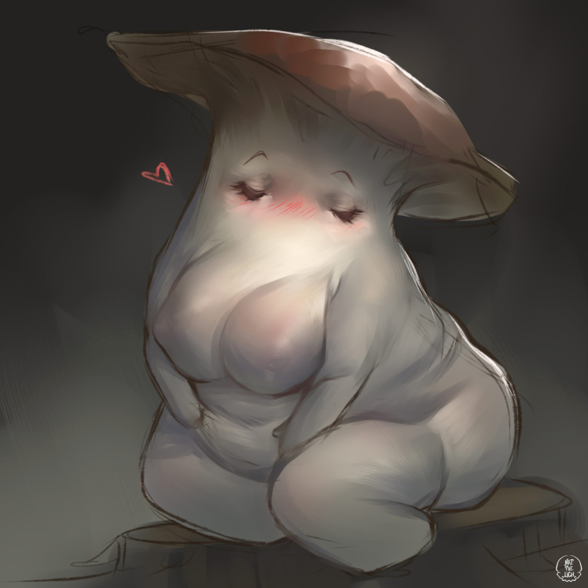 blush breasts cleavage closed_eyes commentary dark_souls english_commentary eyelashes genderswap genderswap_(mtf) highres large_breasts monster_girl mushroom mushroom_parent nat_the_lich nipples no_feet no_mouth nude plump short_stack sitting solo souls_(from_software) white_skin