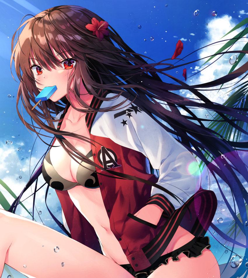 bangs bikini black_bikini blue_sky blush breasts brown_hair cleavage cloud collarbone commentary_request day eyebrows_visible_through_hair fate/grand_order fate_(series) flower food food_in_mouth hair_between_eyes hair_flower hair_ornament hand_in_pocket hands_in_pockets highres jacket kuro_futoshi letterman_jacket long_hair long_sleeves looking_at_viewer medium_breasts mouth_hold navel ocean oda_nobunaga_(fate) oda_nobunaga_(swimsuit_berserker)_(fate) open_clothes open_jacket outdoors petals popsicle red_eyes red_flower red_jacket sky solo swimsuit very_long_hair water water_drop