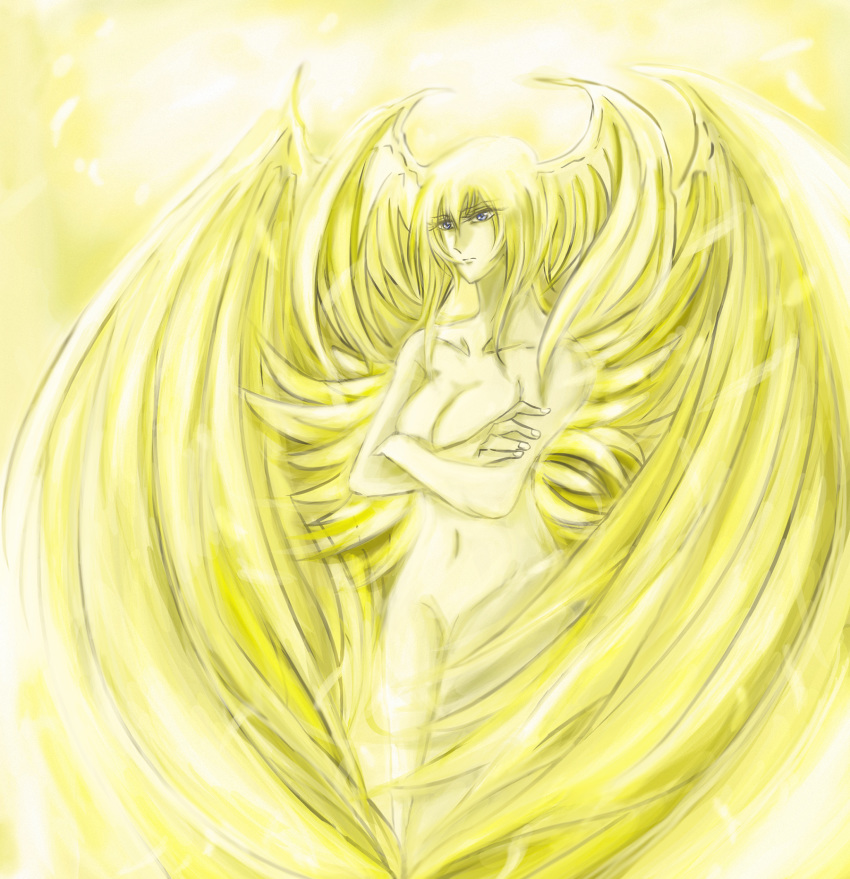 angel angel_wings asuka_lan bad_anatomy blonde_hair blue_eyes breasts closed_mouth collarbone commentary_request crossed_arms devilman devilman_lady expressionless eyelashes feathered_wings feathers head_wings highres large_breasts long_hair medium_breasts multiple_wings navel nnabe nude satan_(devilman) sketch solo wings yellow yellow_wings