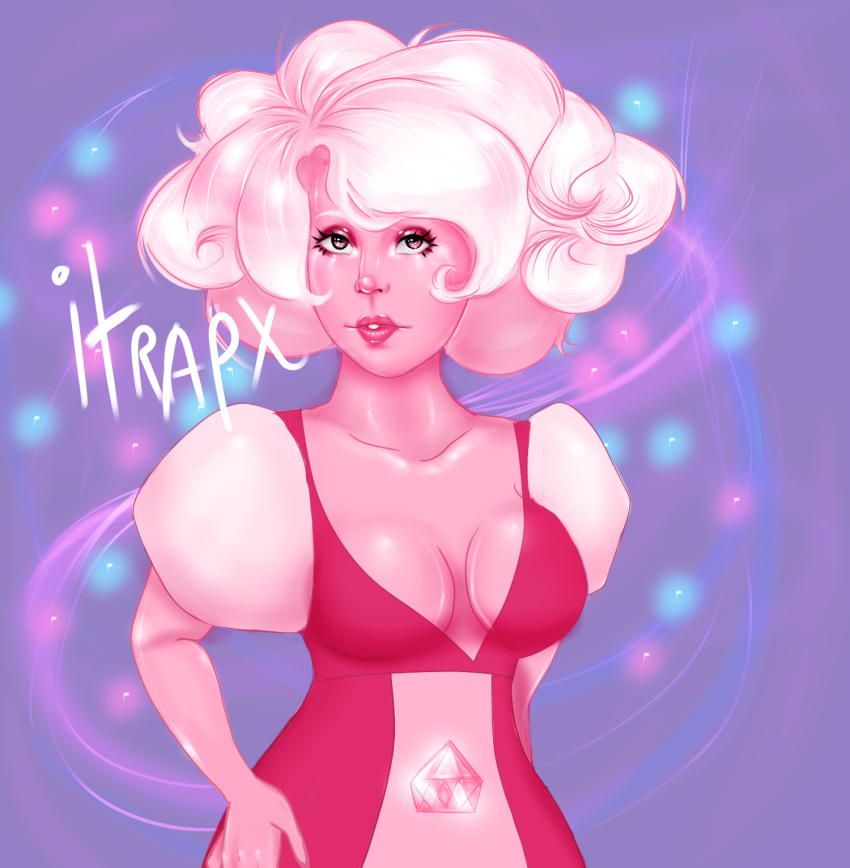 alien breasts cartoon_network clothed clothing crystal cute diamond_(disambiguation) female galaxy gem gem_(species) glitter glossy hair hand_on_hip human human_only itrapx looking_at_viewer mammal not_furry pastel pink_diamond pink_eyes pink_hair pink_skin simple_background solo standing star steven_universe