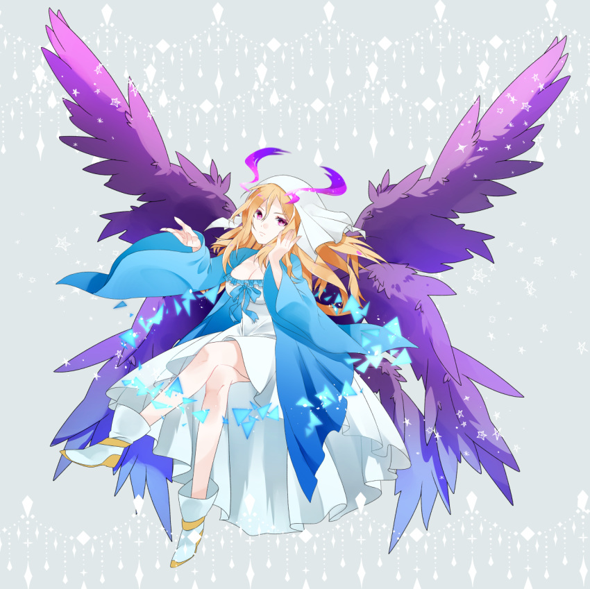 angel_wings blonde_hair blue_kimono breasts collarbone floral_print hair_ornament hair_over_shoulder highres japanese_clothes kimono large_breasts looking_at_viewer lucifer_(monster_strike) monster_strike multiple_wings pink_eyes purple_wings sitting solo wide_sleeves wings xguw7335