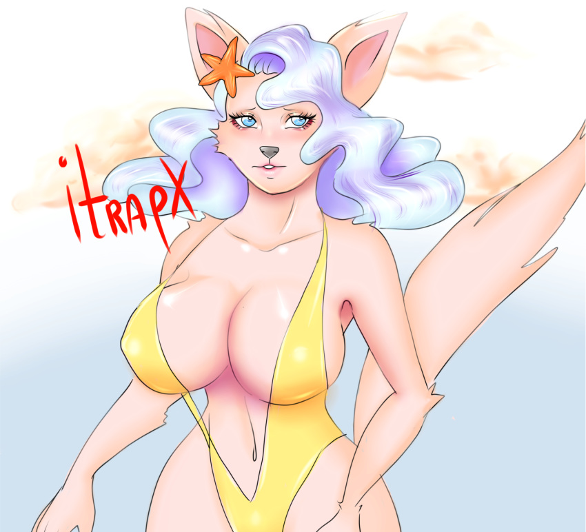 anthro beach big_breasts bikini breasts cat cleavage clothed clothing feline female hi_res itrapx mammal neon nipple_bulge pastel seaside signature skimpy solo summer swimsuit