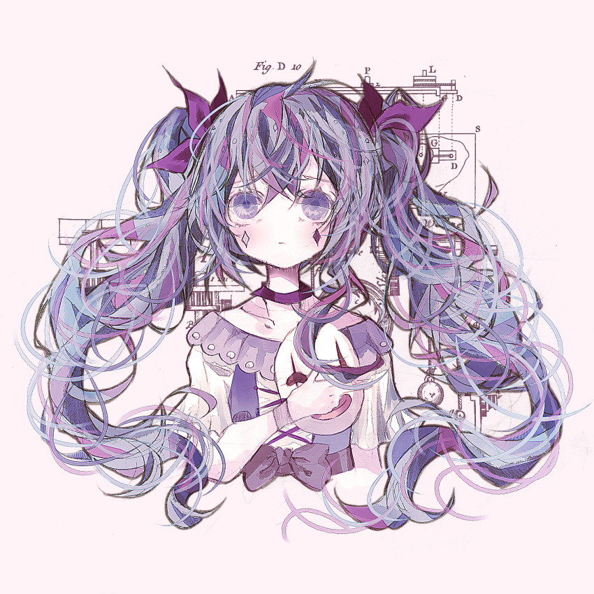 belt blue_hair bow collar collarbone commentary diagram diamond_(shape) dress expressionless facial_mark hair_ribbon hatsune_miku highres holding holding_mask karakuri_pierrot_(vocaloid) long_hair looking_at_viewer mask mask_removed pocket_watch purple purple_collar purple_eyes purple_hair purple_ribbon ribbon twintails upper_body user_xkew2474 vocaloid watch