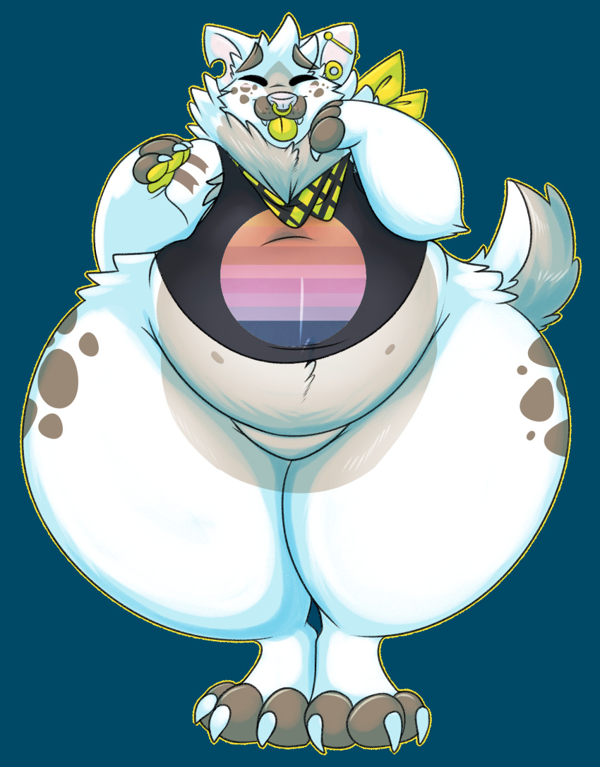 2018 absurd_res anthro bandanna belly blue_background bottomless brown_spots canine clothed clothing cute digital_media_(artwork) dog eyes_closed fur fur_tuft hi_res male mammal multicolored_fur overweight puffedup semi-anthro shirt simple_background solo spots tank_top thick_thighs tuft tyco white_fur wide_hips