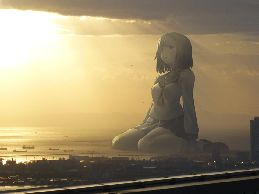 blue_eyes breasts brown_hair building city cloud commentary_request giantess kuro_oolong light_rays loafers looking_up medium_breasts open_mouth original outdoors pleated_skirt school_uniform serafuku ship shoes shore short_hair sitting size_difference skirt socks solo sunset wariza watercraft white_legwear
