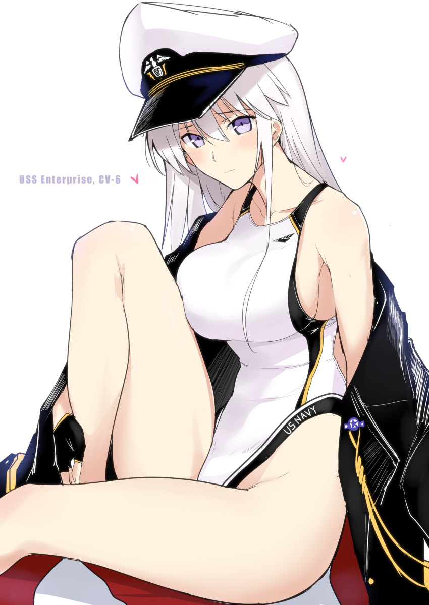 absurdres azur_lane bangs bare_shoulders black_coat black_gloves blush breasts character_name closed_mouth coat collarbone commentary_request enterprise_(azur_lane) fingerless_gloves gloves hair_between_eyes harukon_(halcon) hat heart highleg highleg_swimsuit highres hips knee_up large_breasts legs long_hair looking_at_viewer off_shoulder one-piece_swimsuit open_clothes open_coat peaked_cap purple_eyes silver_hair simple_background sitting solo swimsuit thighs white_background white_hat white_swimsuit