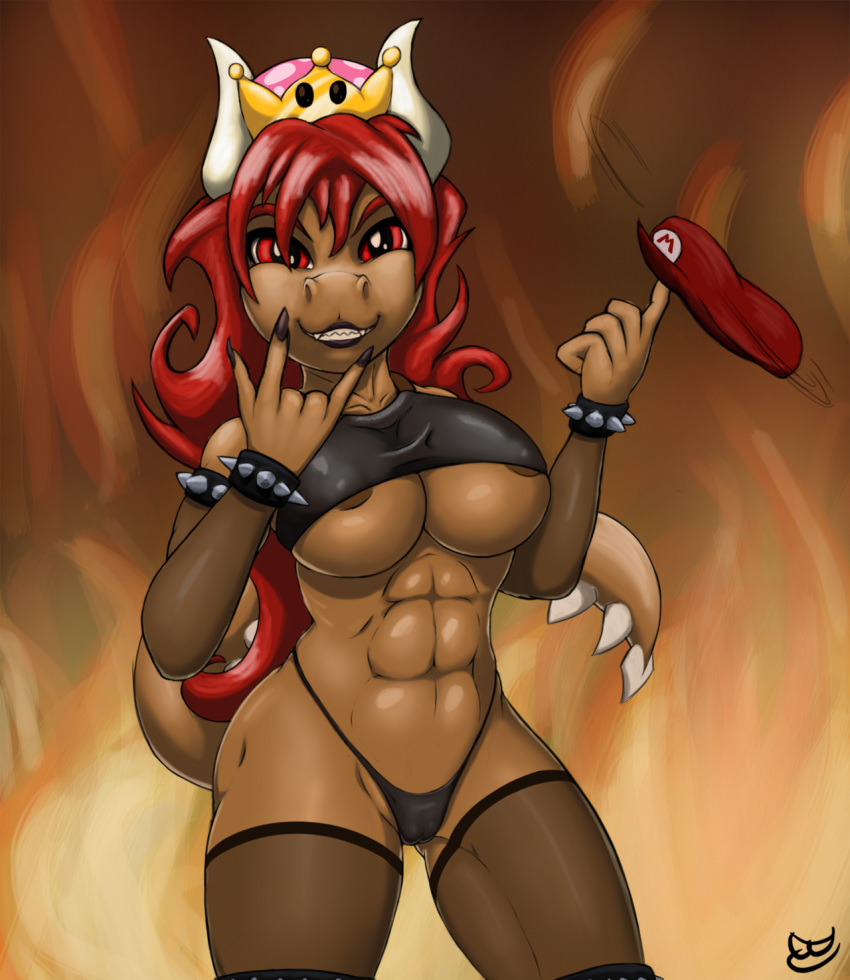 abs anthro bajanic bowser breasts clothed clothing crossgender crown female fire hair horn hybrid koopa legwear long_hair mario_bros nintendo red_hair scalie solo stockings thong under_boob video_games