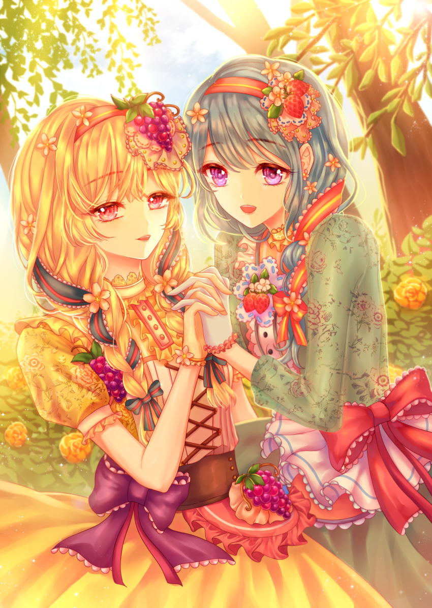 absurdres alternate_hairstyle aqua_dress bang_dream! bangs blonde_hair blue_hair blue_ribbon bow braid bush center_frills day dress esol_98 eyebrows_visible_through_hair floral_print flower food food_themed_hair_ornament frilled_gloves frills fruit gloves grape_hair_ornament grapes hair_flower hair_ornament hair_over_shoulder hair_ribbon hairband highres holding_hands long_hair matsubara_kanon multiple_girls open_mouth outdoors pink_ribbon print_dress purple_bow purple_eyes red_bow red_eyes ribbon ribbon_braid rose shirasagi_chisato single_braid smile strawberry strawberry_hair_ornament striped striped_ribbon tan_gloves tree twin_braids upper_body white_gloves wrist_flower yellow_dress yellow_flower yellow_rose