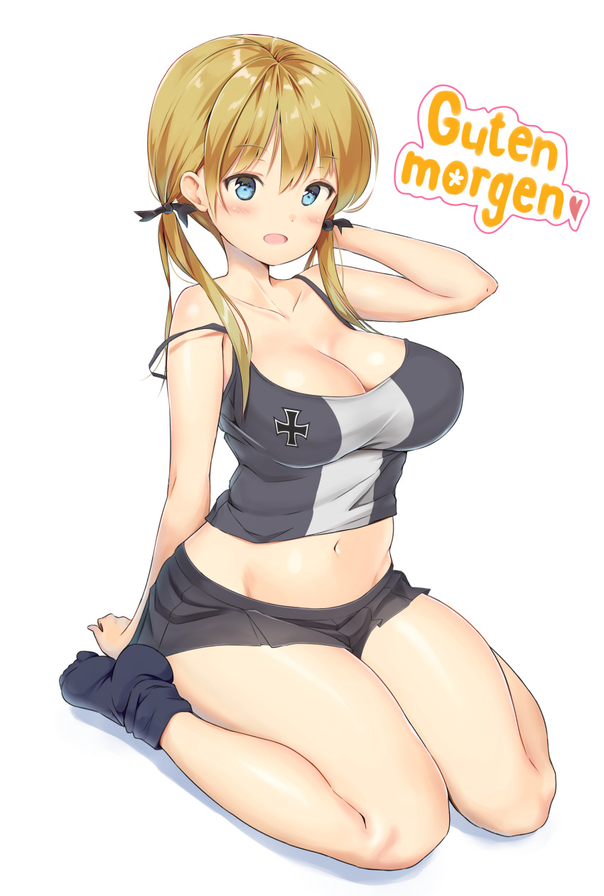 absurdres alternate_costume aymusk black_legwear blonde_hair blush breasts cleavage commentary_request eyebrows_visible_through_hair german hair_between_eyes hair_ribbon highres kantai_collection large_breasts long_hair looking_at_viewer miniskirt open_mouth prinz_eugen_(kantai_collection) ribbon shirt simple_background sitting skirt socks solo thighs twintails wariza white_background