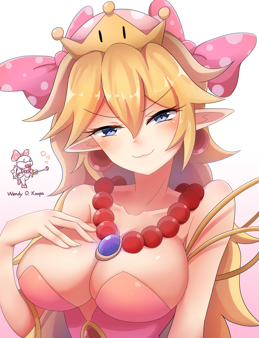 1girl bare_shoulders blonde_hair blue_eyes bow bracelet breasts cleavage collar crown hair_ribbon jewelry koopalings large_breasts long_hair looking_at_viewer mario_(series) new_super_mario_bros._u_deluxe nintendo pointy_ears ribbon smile solo spiked_bracelet spiked_collar spiked_shell spikes super_crown upper_body wendy_o._koopa