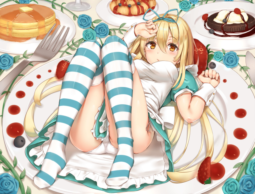 alice_(wonderland) alice_in_wonderland apron ass blonde_hair blue_dress blue_flower blue_hairband blue_rose blush breasts commentary cookie dress eyebrows_visible_through_hair flower food fork fruit full_body hair_between_eyes hairband hand_on_forehead jitome lips long_hair looking_at_viewer lying medium_breasts no_shoes on_back on_plate orange_eyes original oversized_object pancake panties pantyshot plate puffy_short_sleeves puffy_sleeves reinama rose short_sleeves solo strawberry striped striped_legwear table thighhighs thighs two-tone_legwear underwear white_panties