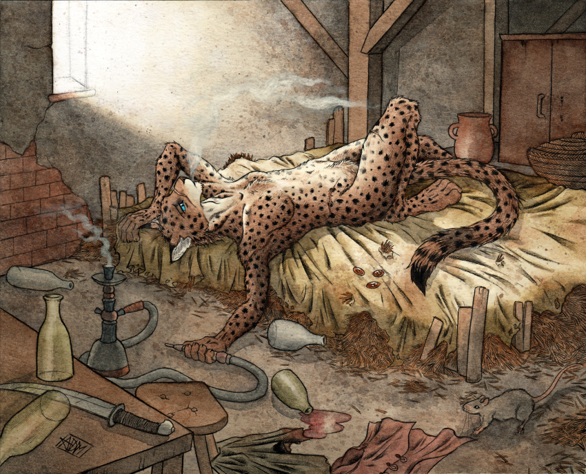 0laffson 2016 4_toes 5_fingers anthro bed blue_eyes bottle breasts brown_fur cheetah chest_tuft day detailed_background featureless_breasts feline female fur holding_object hookah inside knife lying mammal on_back on_bed pubes scar small_breasts solo table toes traditional_media_(artwork) tuft