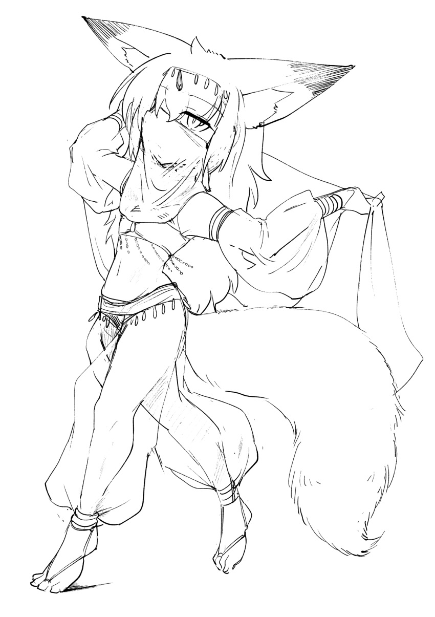 animal_humanoid armlet bandeau canine clothed clothing dipstick_ears dress exotic_dancer female flat_chested fluffy fluffy_tail footwear fox_humanoid greyscale hair hair_over_eye headdress humanoid jewelry long_hair mammal midrif monochrome pants sakifox sakitsune solo veil