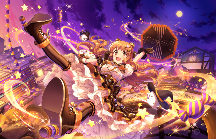 :3 arm_up artist_request bag bangs blush boots bow breasts brown_eyes candy cloud corset dress eyebrows_visible_through_hair floating food food_themed_clothes frilled_dress frills from_below full_moon ghost gloves hair_bow hair_ornament halloween halloween_costume handbag hat highres holding holding_umbrella idolmaster idolmaster_cinderella_girls idolmaster_cinderella_girls_starlight_stage jack-o'-lantern jumping long_hair looking_at_viewer macaron magic moon moroboshi_kirari night official_art open_mouth outdoors outstretched_arm puffy_short_sleeves puffy_sleeves pumpkin purple_sky shoes short_sleeves sky smile solo star star-shaped_pupils striped striped_legwear symbol-shaped_pupils thighhighs umbrella vertical-striped_legwear vertical_stripes witch_hat wrapped_candy yellow_moon