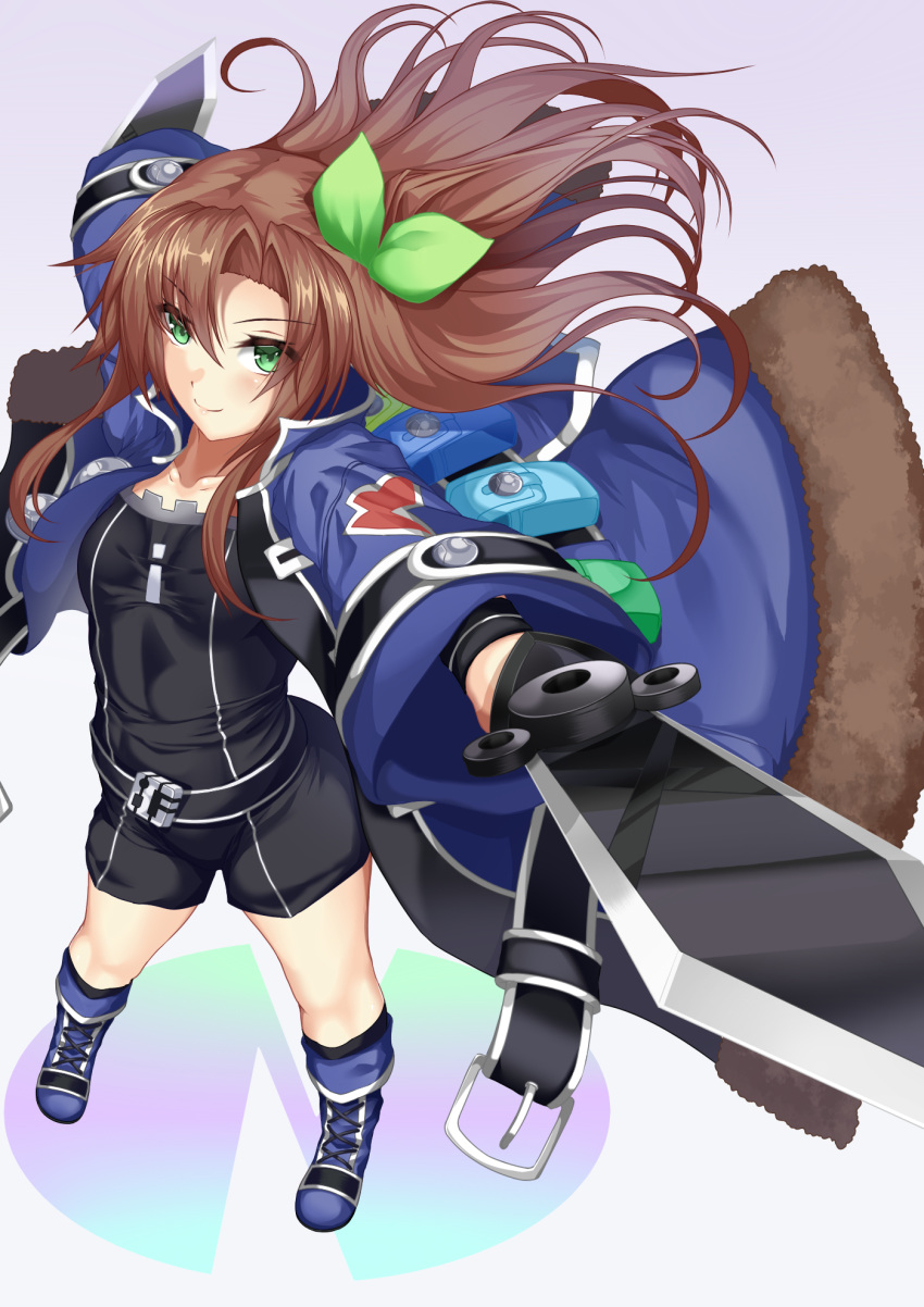 blade blush bow brown_hair dagger green_eyes hair_bow hair_ornament highres if_(choujigen_game_neptune) ill long_hair looking_at_viewer neptune_(series) one_side_up ribbon smile solo weapon