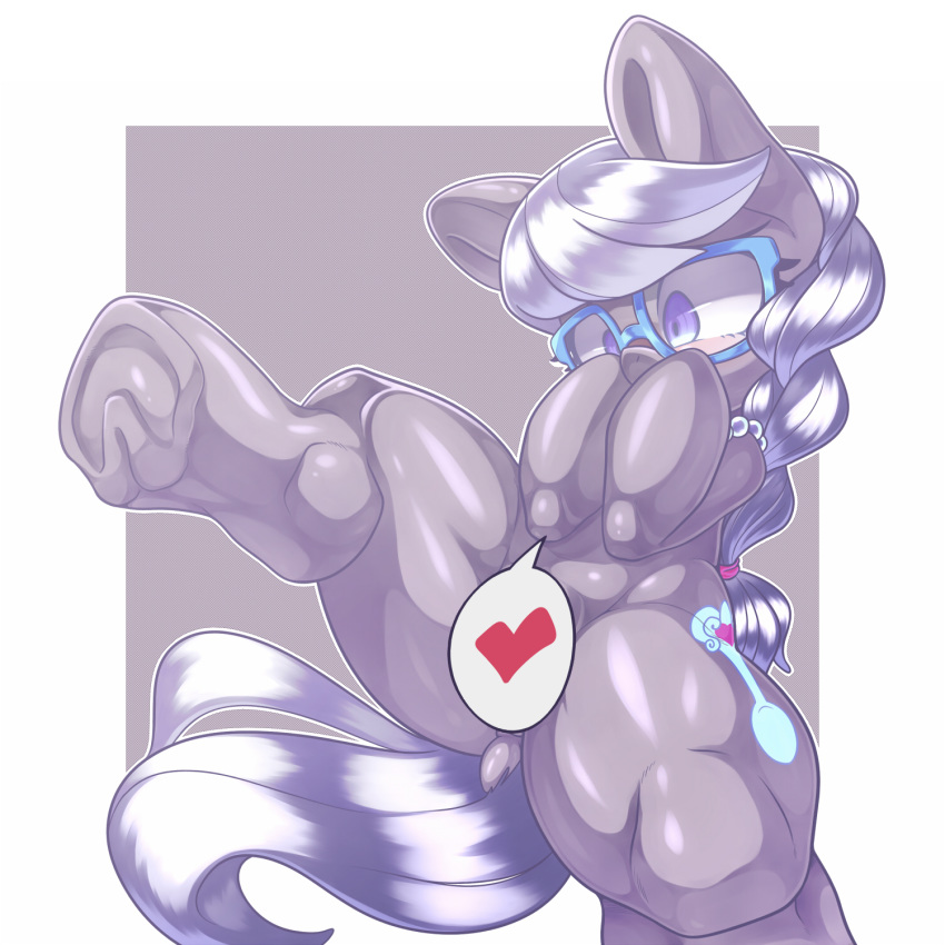 &lt;3 convenient_censorship cutie_mark equine eyelashes eyewear female friendship_is_magic front_view fur glasses grey_fur grey_hair grey_mane hair hi_res hooves horse kaikoinu mammal my_little_pony nude pale_fur pictographics pony purple_eyes silver_spoon_(mlp) solo speech_bubble spread_legs spreading thick_thighs wide_eyed