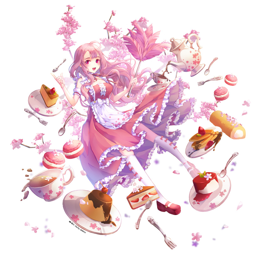 absurdres blush breasts cake cherry_blossoms cleavage cup eyebrows_visible_through_hair feather_duster food fork highres index_finger_raised jii_dayday kneehighs large_breasts long_hair looking_at_viewer maid open_mouth original pancake plate red_footwear slice_of_cake smile solo spoon tea teacup teapot white_legwear