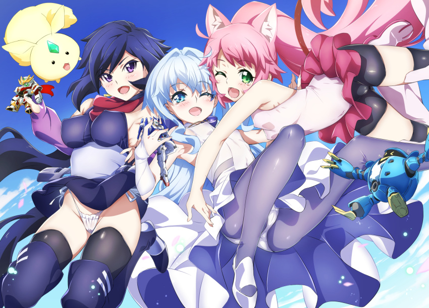 animal_ears armpits ass ayame_(gundam_build_divers) bike_shorts black_hair black_legwear black_shorts blue_eyes blue_hair blush boots breasts bridal_gauntlets cat_ears cat_tail commentary_request covered_navel covered_nipples detached_sleeves dress elbow_gloves face-to-face fujisawa_aya_(gundam_build_divers) gloves green_eyes grey_legwear groin gundam gundam_00_diver gundam_build_divers hair_intakes highleg highleg_panties highres japanese_clothes jewelry kimono legs legs_up long_hair mecha_request miniskirt momo_(gundam_build_divers) momokapool multiple_girls niko_(tama) obi one_eye_closed open_mouth panties panties_over_pantyhose pantyhose pendant pink_hair ponytail purple_eyes purple_footwear purple_kimono purple_legwear red_scarf red_skirt rx-zeromaru sara_(gundam_build_divers) sash scarf shirt shoes short_kimono short_yukata shorts shorts_under_skirt side-tie_panties skirt sleeveless sleeveless_dress sleeveless_shirt small_breasts smile spread_legs tail tears thigh_boots thighhighs thighs toy underwear very_long_hair white_dress white_gloves white_panties white_shirt wind wind_lift yashiro_momoka yukata