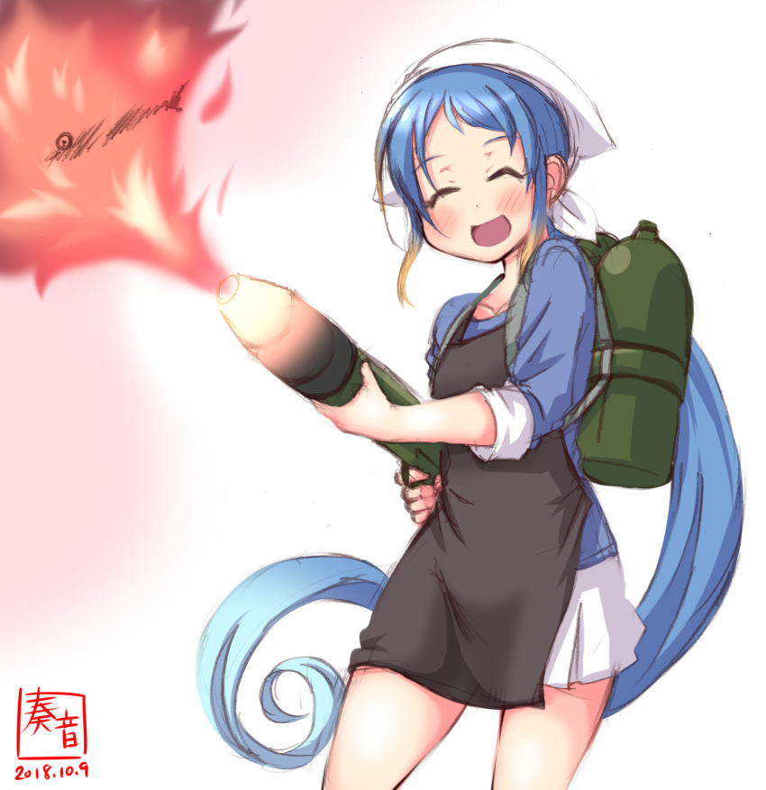 alternate_costume apron artist_logo black_apron blouse blue_blouse blue_hair commentary_request dated fire fish flame flamethrower gradient gradient_hair head_scarf highres holding kanon_(kurogane_knights) kantai_collection long_hair looking_at_viewer multicolored_hair open_mouth samidare_(kantai_collection) saury shirt signature simple_background smile solo very_long_hair weapon white_background white_shirt