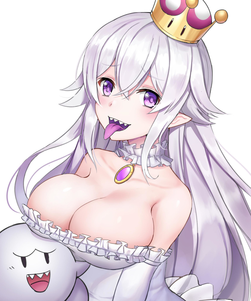 absurdres boo breasts cleavage collar commentary_request crown dress frilled_collar frilled_dress frilled_gloves frills gloves highres large_breasts luigi's_mansion luobo_(nsnr8754) mario_(series) new_super_mario_bros._u_deluxe pale_skin pointy_ears princess_king_boo purple_eyes purple_tongue sharp_teeth super_crown super_mario_bros. teeth tilted_headwear tongue tongue_out white_dress white_gloves white_hair