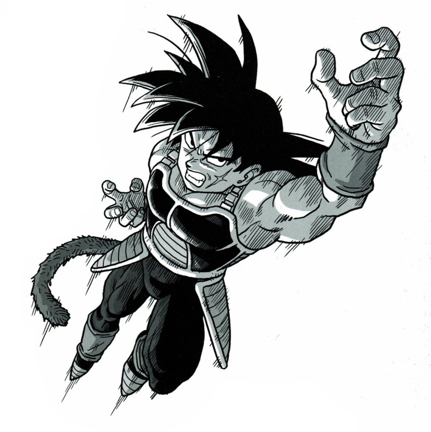 armor bardock black_eyes black_hair boots clenched_teeth commentary dragon_ball dragon_ball_z dutch_angle english_commentary fighting_stance fingernails from_above frown full_body greyscale highres jumping male_focus monochrome official_art outstretched_hand scar serious shaded_face short_hair simple_background spiked_hair tail teeth toriyama_akira white_background wristband