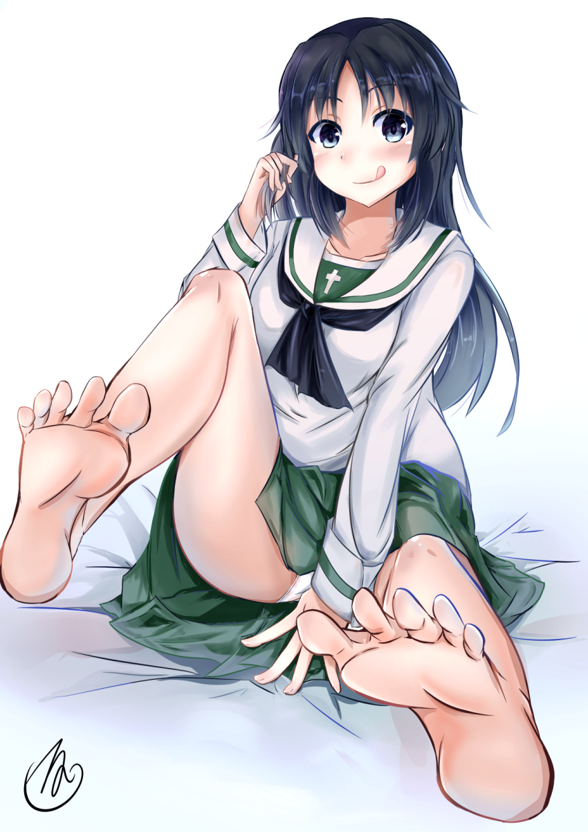 :q arm_support artist_name bangs bed_sheet black_eyes black_hair black_neckwear blouse blush closed_mouth commentary_request erumu_(kongou114) eyebrows_visible_through_hair feet foreshortening full_body girls_und_panzer green_skirt hair_grab highres leg_up legs long_hair long_sleeves looking_at_viewer miniskirt neckerchief no_legwear on_bed ooarai_school_uniform panties pantyshot pantyshot_(sitting) pleated_skirt school_uniform serafuku signature sitting skirt smile soles solo toes tongue tongue_out underwear white_background white_blouse white_panties yamagou_ayumi