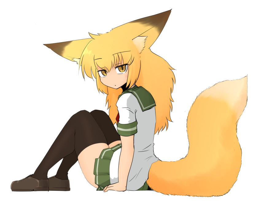 animal_humanoid blonde_hair canine clothed clothing dipstick_ears dipstick_tail female fluffy fluffy_tail footwear fox_humanoid hair humanoid inner_ear_fluff legwear long_hair mammal multicolored_tail sakifox sakitsune school_uniform shirt shoes sitting skirt slit_pupils solo thigh_highs uniform yellow_eyes