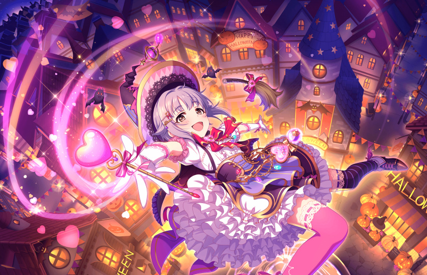 ankle_boots artist_request bangs bat blush boots bow broom brown_eyes building candy cape decorations elbow_gloves food frilled_skirt frills from_above gloves hair_flaps hair_ornament hairclip halloween halloween_costume happy_halloween hat heart highres house idolmaster idolmaster_cinderella_girls idolmaster_cinderella_girls_starlight_stage jack-o'-lantern koshimizu_sachiko lace lace-trimmed_thighhighs lavender_hair looking_at_viewer mismatched_legwear night official_art open_mouth outstretched_arms puffy_short_sleeves puffy_sleeves pumpkin short_hair short_sleeves skirt smile solo striped striped_legwear suspenders thighhighs witch witch_hat zettai_ryouiki