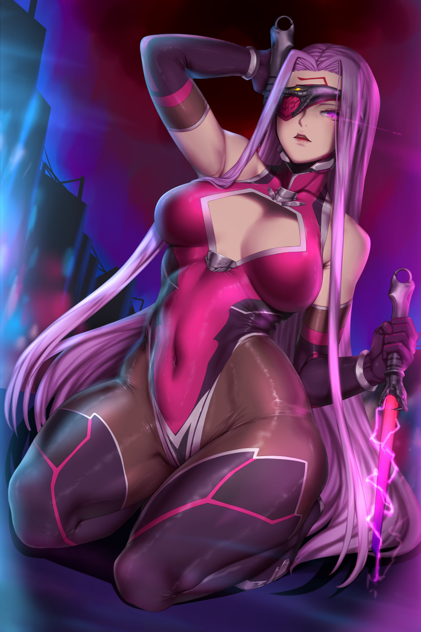 absurdres alternate_costume arm_behind_head bare_shoulders boots bracelet breasts cleavage cleavage_cutout commentary covered_navel dagger detached_sleeves dual_wielding elbow_gloves eyepatch facial_mark facial_tattoo facing_viewer fate/grand_order fate_(series) forehead_mark gloves glowing glowing_eye high_collar highres holding holding_dagger holding_weapon jewelry kumiko_shiba large_breasts leotard long_hair looking_at_viewer pantyhose parted_lips pink_leotard purple_hair rider seiza sitting skin_tight solo taimanin_(series) taimanin_suit tattoo thigh_boots thighhighs very_long_hair weapon