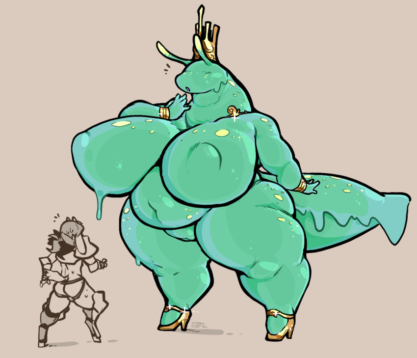 anthro big_breasts breasts clothing crown female footwear gastropod huge_breasts hyper hyper_breasts jintonic pussy shoes slightly_chubby slug surprise thick_thighs voluptuous