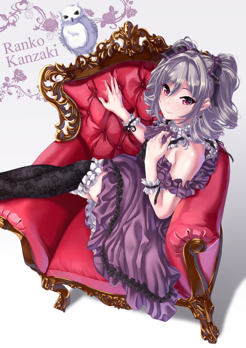 arm_garter armchair bare_shoulders bird black_ribbon chair character_name collar commentary_request dress drill_hair eyebrows_visible_through_hair feet_out_of_frame floral_print frilled_collar frilled_dress frilled_legwear frills gradient gradient_background hair_ribbon hand_on_own_chest highres idolmaster idolmaster_cinderella_girls kanzaki_ranko lolita_fashion long_hair looking_at_viewer owl photo-referenced purple_dress red_eyes ribbon rose_print silver_hair simple_background sitting sleeveless sleeveless_dress smile snowy_owl solo tdnd-96 thighhighs twin_drills twintails