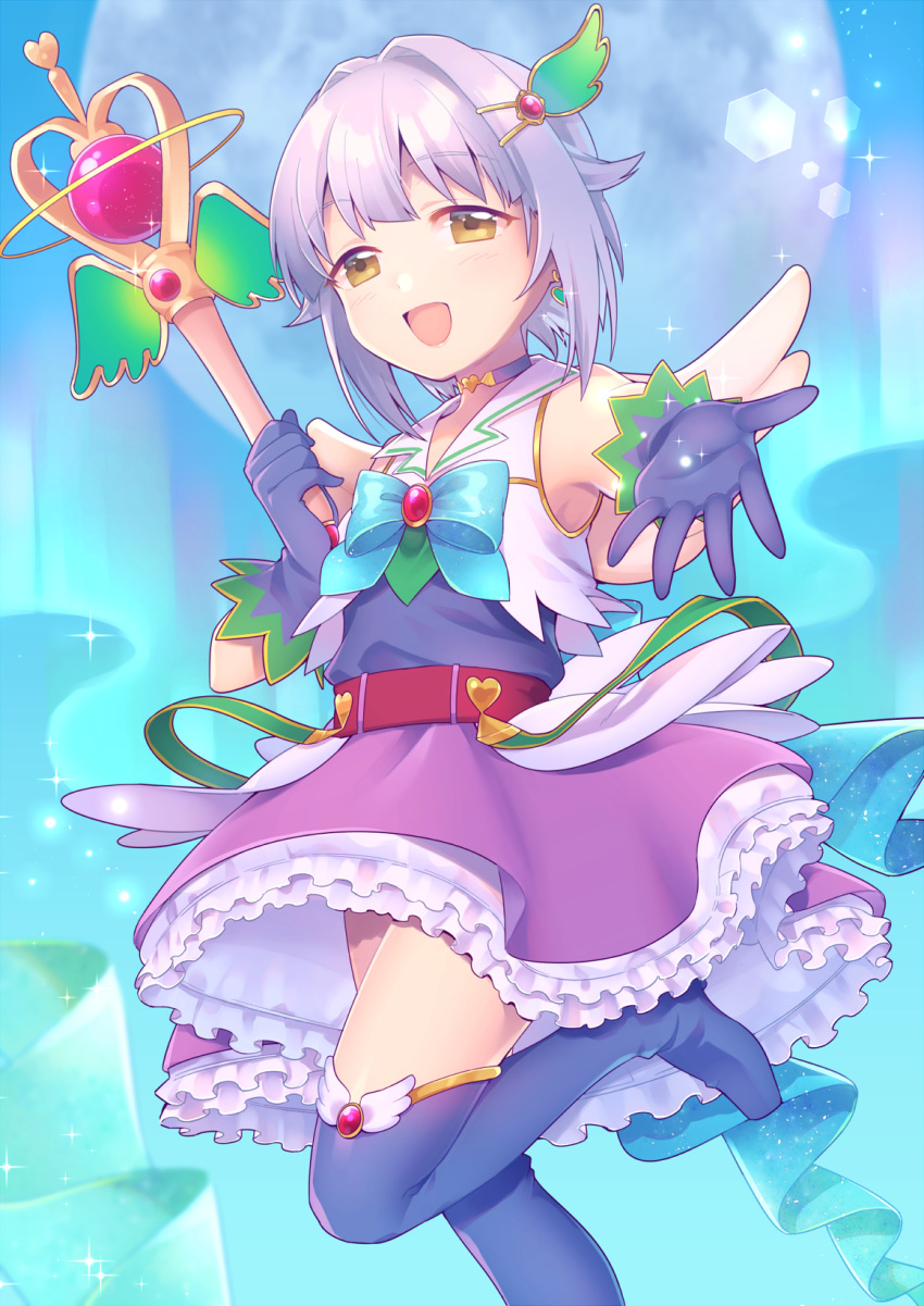 aurora blue_background boots bow choker eyebrows_visible_through_hair frilled_skirt frills gloves hair_intakes hair_ornament hairclip highres idol idolmaster idolmaster_cinderella_girls koshimizu_sachiko looking_at_viewer magical_girl outstretched_hand purple_hair scepter short_hair skirt sleeveless solo standing standing_on_one_leg thigh_boots thighhighs uso_(ameuzaki) wand yellow_eyes