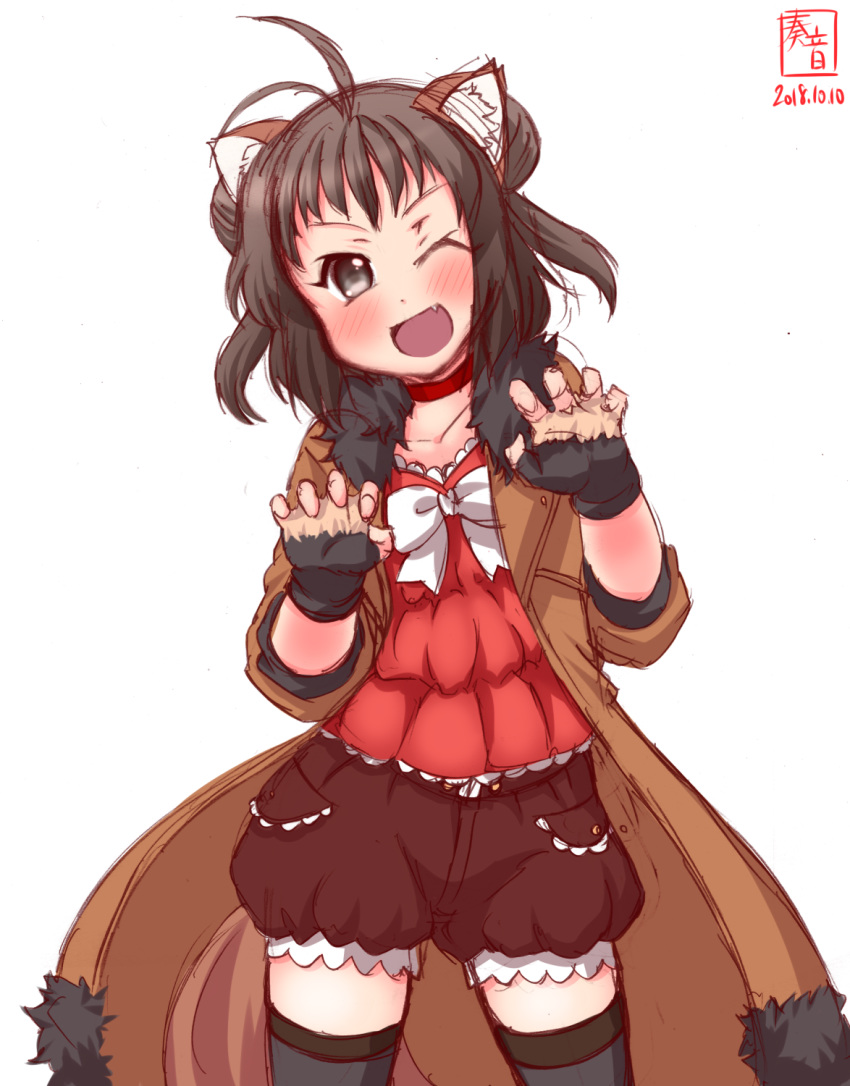 alternate_costume animal_ears antenna_hair artist_logo black_legwear blouse brown_eyes brown_hair coat collar collarbone commentary_request dated double_bun fang fingerless_gloves gloves halloween highres jacket kanon_(kurogane_knights) kantai_collection looking_at_viewer naka_(kantai_collection) one_eye_closed red_blouse sharp_teeth shorts signature simple_background solo tail teeth thighhighs werewolf white_background wolf wolf_ears wolf_tail