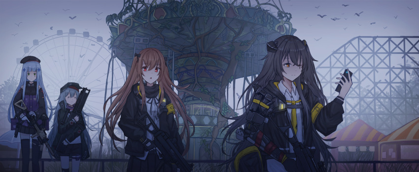 4girls aer7o assault_rifle beret bird black_jacket brown_hair cellphone cloud cloudy_sky commentary eyebrows_visible_through_hair ferris_wheel fog g11 g11_(girls_frontline) girls_frontline green_eyes grey_hair grey_sky gun hat heckler_&amp;_koch highres hk416 hk416_(girls_frontline) holding holding_gun holding_weapon jacket mechanical_arm mod3_(girls_frontline) multiple_girls one_eye_closed orange_eyes overgrown phone pleated_skirt red_eyes rifle roller_coaster silver_hair skirt sky smartphone thighhighs ump45_(girls_frontline) ump9_(girls_frontline) weapon weeds zettai_ryouiki